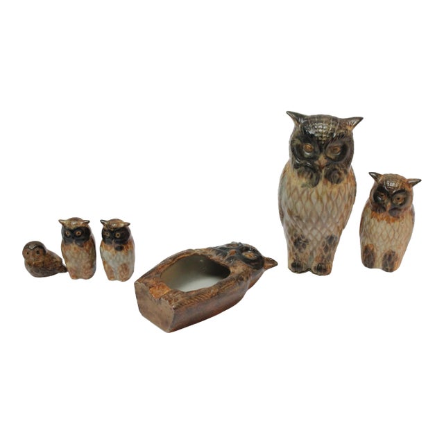Collection of Six Mid-Century Japanese Modern Ceramic Owl Figurines For Sale