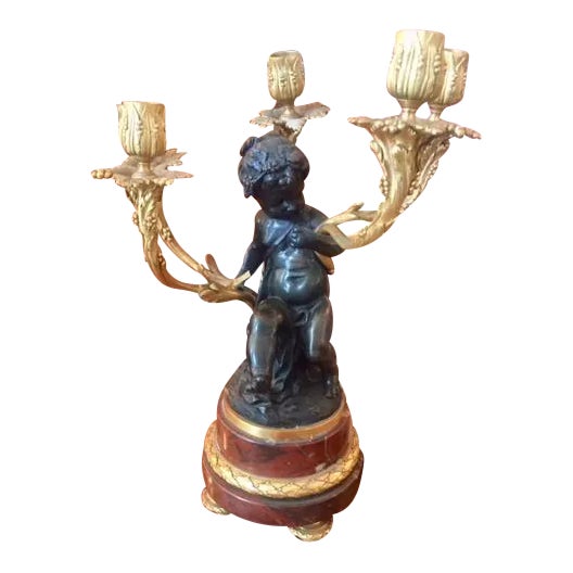 19th Century French Rouge Marble & Bronze Cherub Candle Holder For Sale