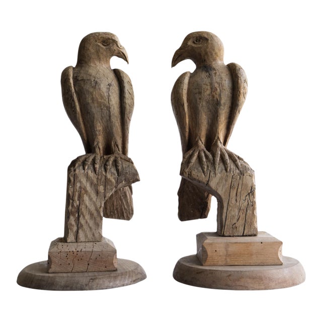 Pair of Antique French Folk Art Carved Oak Falcon Figures, Wooden Bird Sculpture For Sale