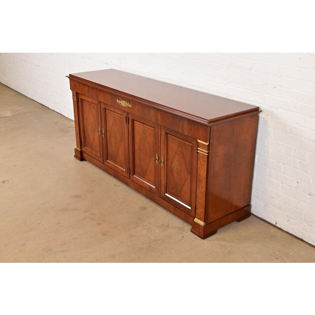 French 1980s Baker Furniture French Regency Louis XVI Carved Cherry and Burl Wood Sideboard or Bar Cabinet For Sale - Image 3 of 13