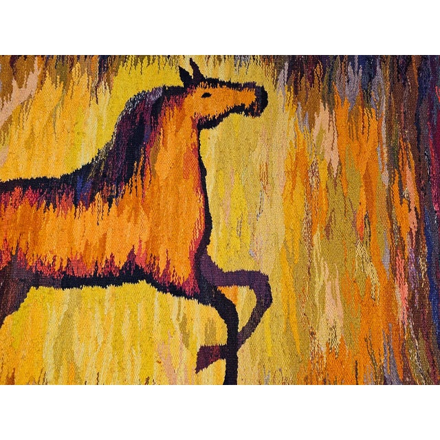 Vintage Mid-Century Handwoven Wool Tapestry, Galloping Horse Design, Yellow & Brown, 38” X 68” For Sale In Chicago - Image 6 of 11