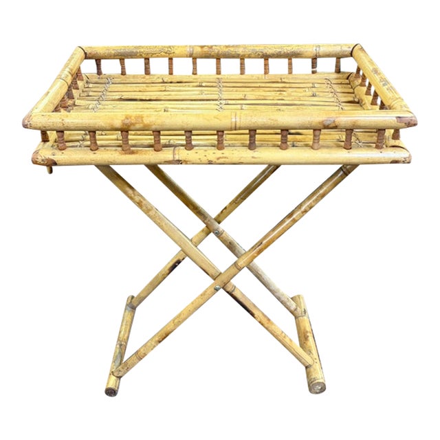 Mid Century Folding Bamboo and Rattan Tray Table For Sale
