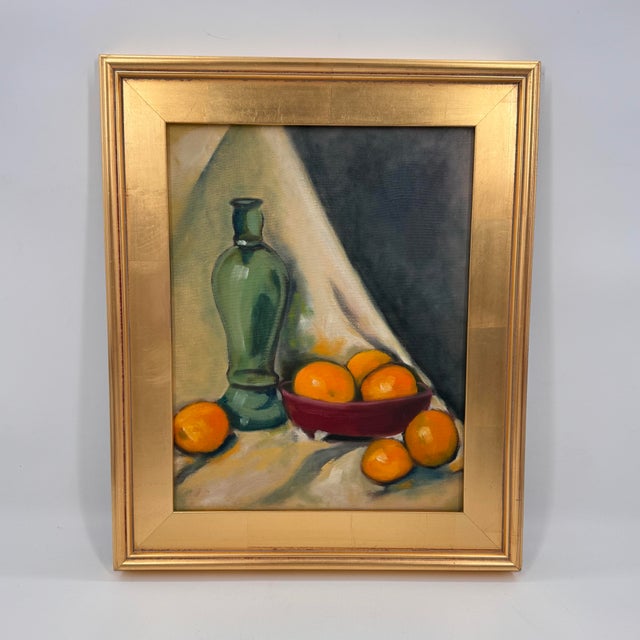 Vintage Oil Painting Still Life of Oranges & Green Glass Bottle Framed - Unsigned For Sale In Tampa - Image 6 of 11