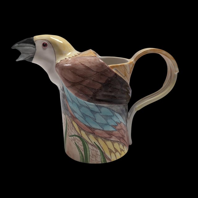 Hand-Painted Ceramic Parrot Bird Pitcher Vase Figural Colorful 7" tall Signed E. Bolz Good Condition: No cracks, chips or...
