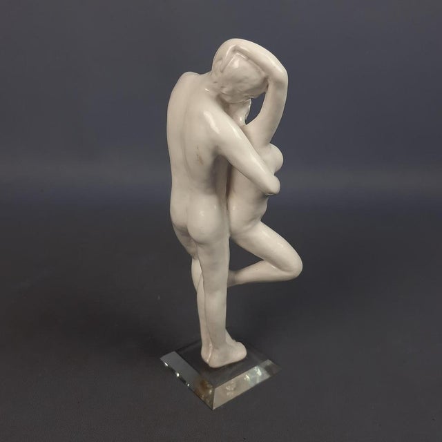 Vintage Ceramic Sculpture of Couple in Love with Glass Base, 1970s For Sale - Image 4 of 16