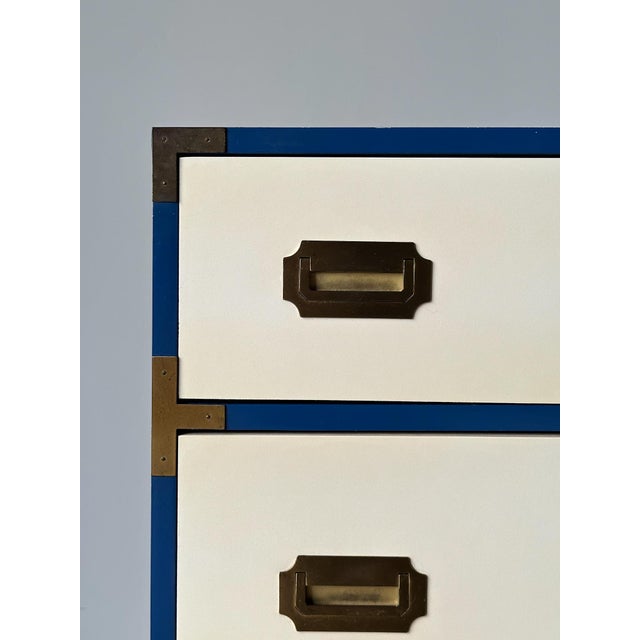Blue 1970s Vintage Blue & White Lacquered Campaign Chest of Drawers For Sale - Image 8 of 17