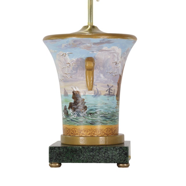 Green Vintage Hand-Painted Nautical-Themed Wooden Urn-Shaped Table Lamps - Pair For Sale - Image 8 of 12
