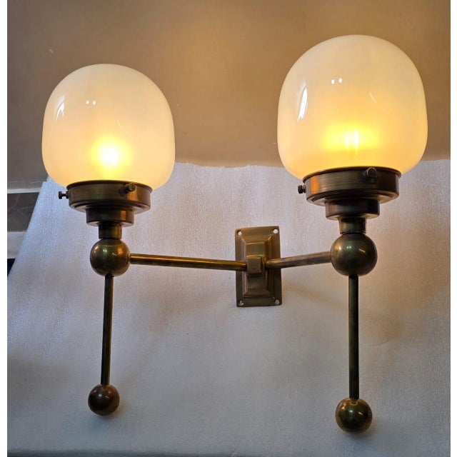 Vintage Art Deco Light Old Lamp Wall Sconces Fixture Brass & Milk Glass Shade Ship Light For Sale - Image 6 of 6