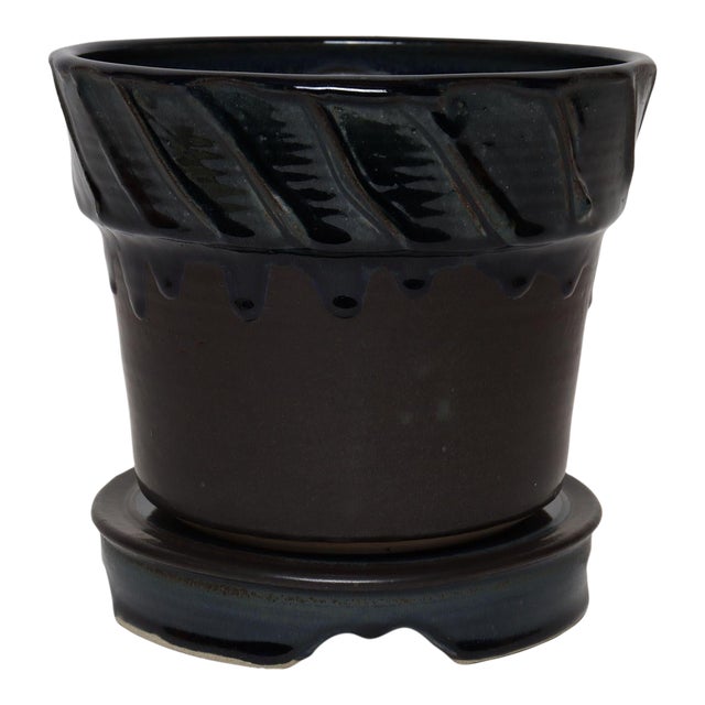Vintage Matte Brown and Slate Glaze Ceramic Planter With Stand by Deanna Nichols For Sale