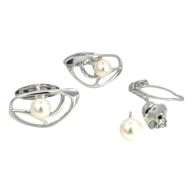 1990s Mikimoto Estate Akoya Pearl Cufflinks + Tie Pin Set Sterling Silver 6.75 mm For Sale