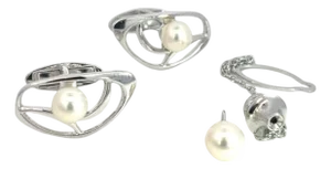 1990s Mikimoto Estate Akoya Pearl Cufflinks + Tie Pin Set Sterling Silver 6.75 mm