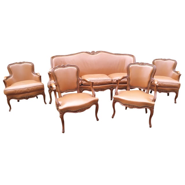 Regency Tan Leather Living Room Set, 1950s, Set of 5 For Sale