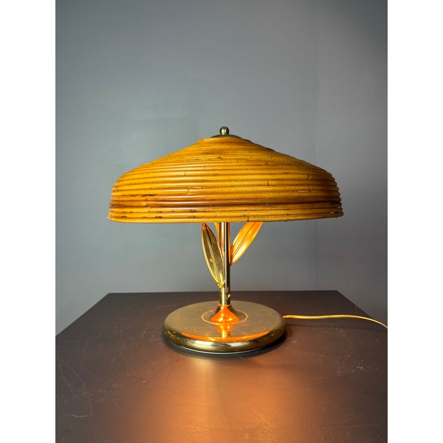 Gold Mid-Century Pencil Reed Rattan Bamboo and Brass Flower Table Desk Lamp, Italy, 1980s For Sale - Image 8 of 15