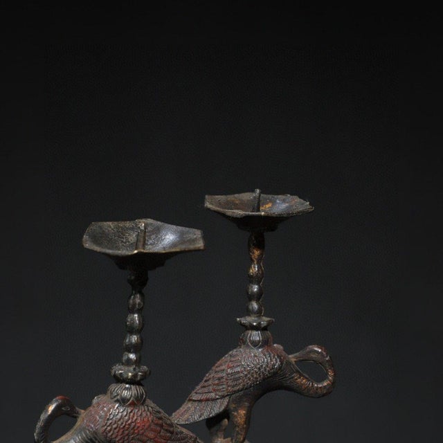 Late 19th Century Late 19th Century Pair of Gilt Bronze Crane & Turtle Candle Holders - "Turtle & Crane Longevity" For Sale - Image 5 of 9