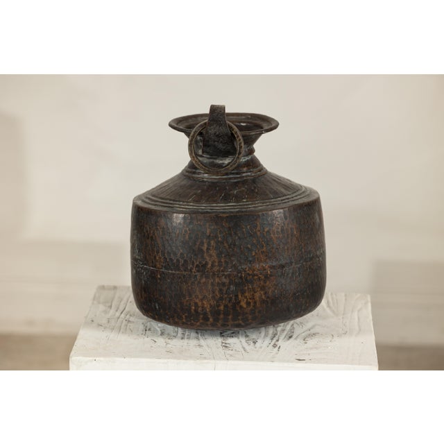 Hand-Hammered Indian Metal Milk Jug with Ring Handle, Vintage For Sale In New York - Image 6 of 18