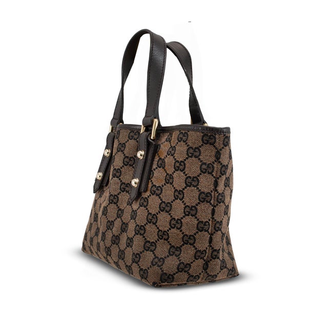 Early 21st Century Gucci Gg Canvas Small Tote Brown Monogram Leather-Trim Gold-Hardware Bag For Sale - Image 5 of 12
