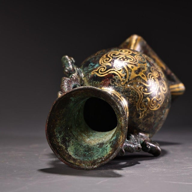 Bronze Vase With Gold Inlay, Twin Dragon Head Handles & Archaic Script, Chinoiserie Tabletop Bronze Vessel For Sale - Image 9 of 10