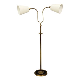 1950s Swedish Modern, Dual Head Floor Lamp, Reeded Brass, Sweden For Sale