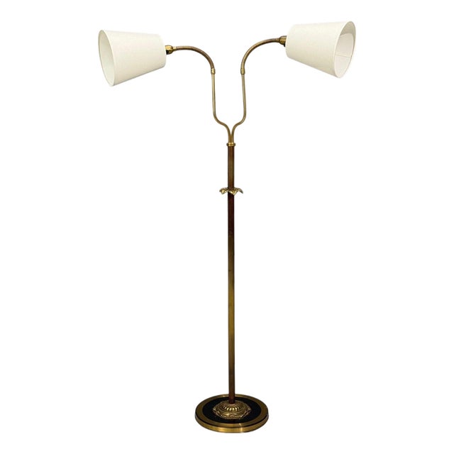 1950s Swedish Modern, Dual Head Floor Lamp, Reeded Brass, Sweden For Sale