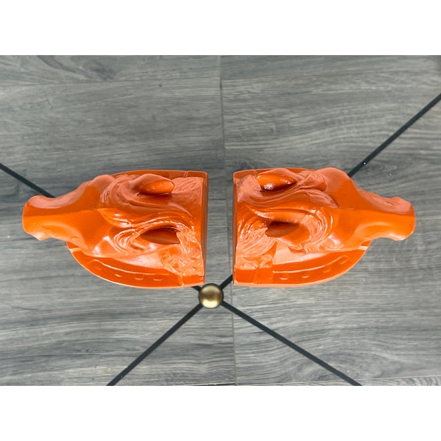 Metal 1970s Pair of Orange Lacquered Horse Head Bookends For Sale - Image 7 of 7