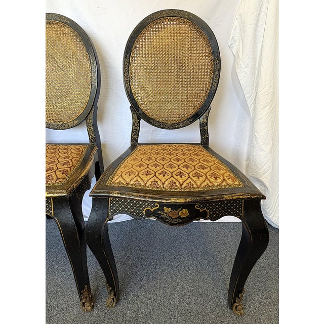 Wood Antique English Chinoiserie Lacquer Chairs With Cane Backs and Brass Sabots- Set of 4 For Sale - Image 7 of 18