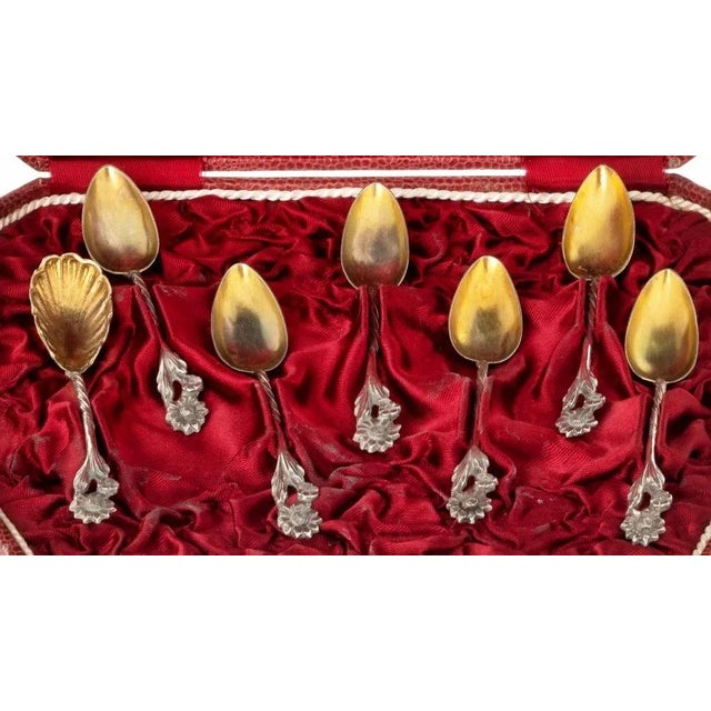 Set of six spoons and ladle in portuguese silver 19th century with relief and openwork decoration with 'boar ii' hallmarks...