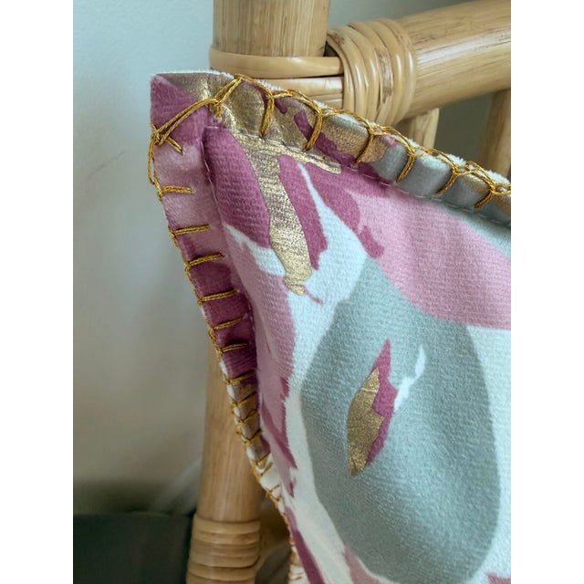 Textile 20” Custom Goose Down Floral Accent Pillow in Pink, Blush & Gold With Decorative Gold Whipstitch Trim For Sale - Image 7 of 9