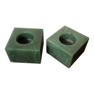 Green Agate Stone Square Display Base Block Cubes or Candlesticks - a Pair For Sale