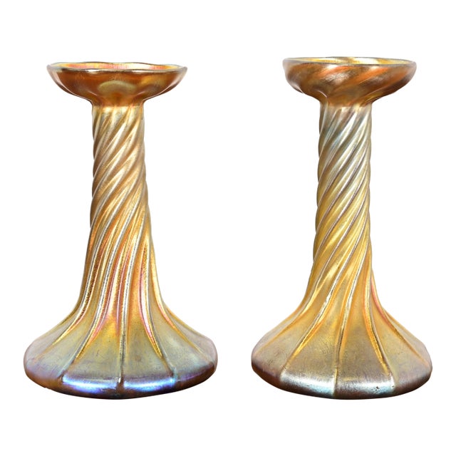 Louis Comfort Tiffany Favrile Iridescent Art Glass Candlesticks, Pair For Sale