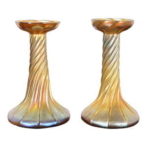 Louis Comfort Tiffany Favrile Iridescent Art Glass Candlesticks, Pair