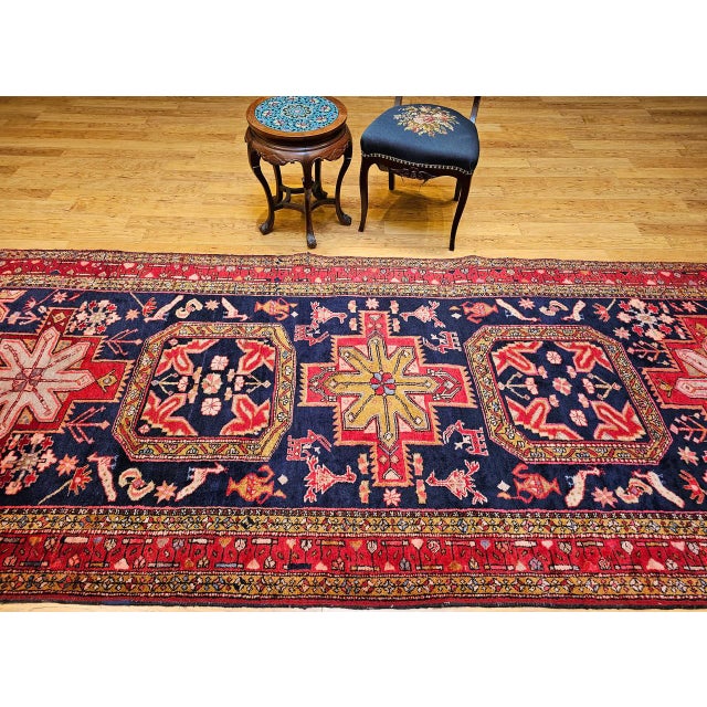 Vintage Persian Hamadan Gallery Rug, Hand-Knotted Wool, Geometric Bird Motifs Design, Navy & Red, 5x11 For Sale In Chicago - Image 6 of 17