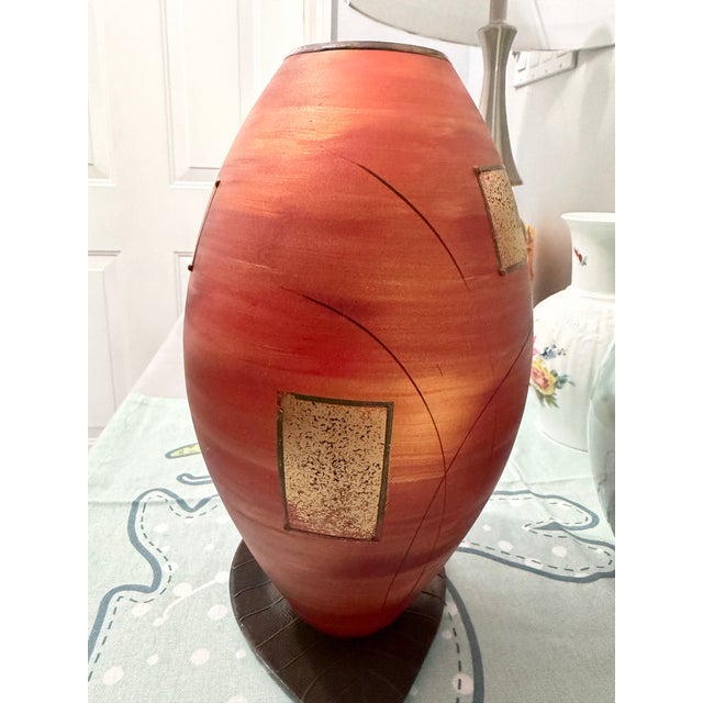 Brown Designed Art Glass Vase Hand-Painted, With Raised Metal Browns & Golds Coloring, Abstract Contemporary Design, With Art Nouveau Influence For Sale - Image 8 of 8