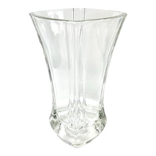 French Mid Century Modern Clear Glass Vase / Sculptural Flared Heavy Glass Vase For Sale