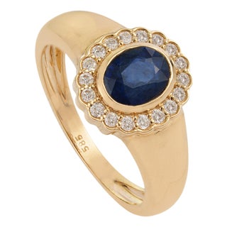 1.12ct Blue Sapphire & Diamond Bezel Chunky Ring 14k Yellow Gold Size 8 For Sale