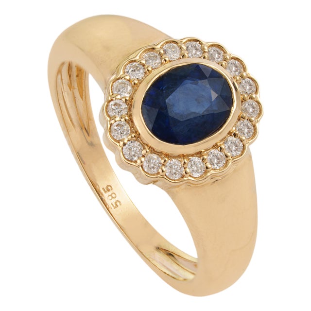 1.12ct Blue Sapphire & Diamond Bezel Chunky Ring 14k Yellow Gold Size 8 For Sale