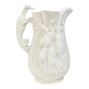 Vintage Ivory Majolica Style Porcelain Fox Hunt Pitcher