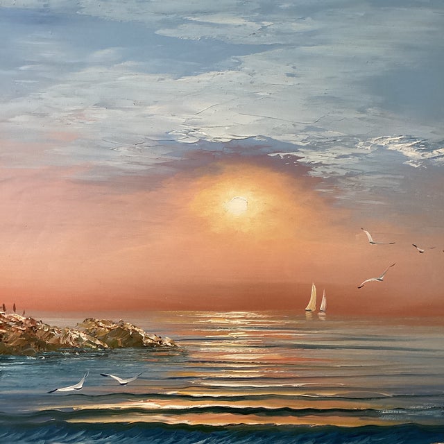 Vintage Seascape Lighthouse Sunset on the Beach Oil Painting on Canvas by M . Gartland For Sale - Image 4 of 12