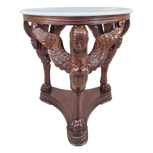 Vintage Indonesian Neoclassical Style Winged Caryatid Marble Top Center Table For Sale