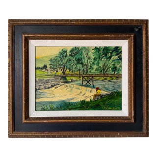 1970's Max Jacob Schacknow “Fishing at the Nevele” Oil on Canvas Painting, Framed For Sale