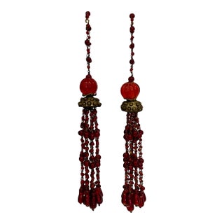 Vintage Mughal Style Red Glass and Brass Work Indian Tassels, a Pair For Sale