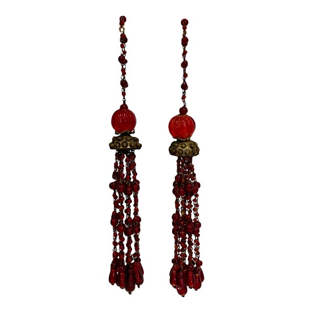 Vintage Mughal Style Red Glass and Brass Work Indian Tassels, a Pair For Sale