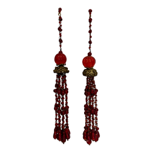 Vintage Mughal Style Red Glass and Brass Work Indian Tassels, a Pair