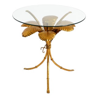 Mid-Century Florentine Gilded Side Table with Large Leaves and Glass Top, 1960s For Sale