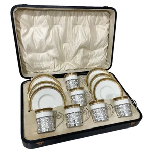Coffee Cups and Saucers with Silver Cup Holders attributed to Walker & Hall for Wedgwood, 1919
