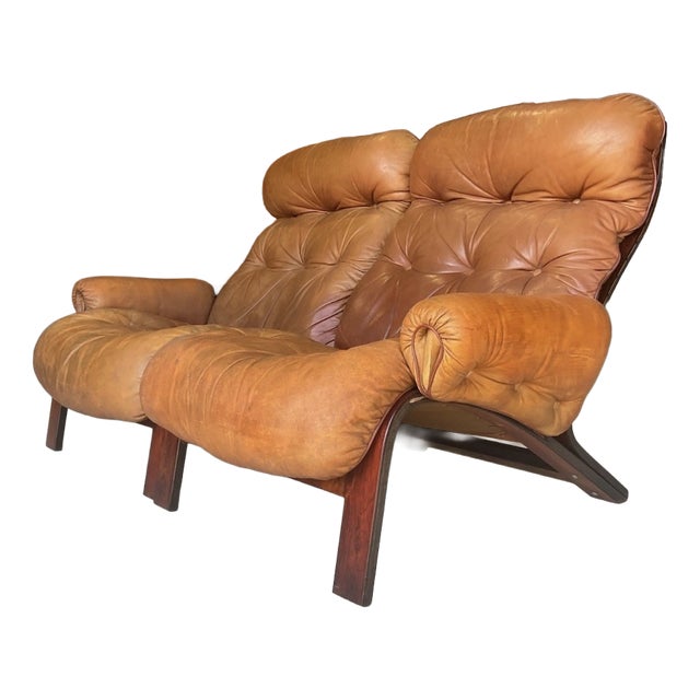 Mid-Century Modern Norwegian Tan Leather Two-Seater Sofa by Oddvin Rykken for Rybo Rykken & Co For Sale