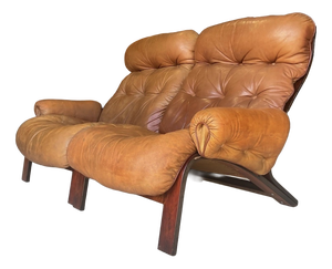 Mid-Century Modern Norwegian Tan Leather Two-Seater Sofa by Oddvin Rykken for Rybo Rykken & Co