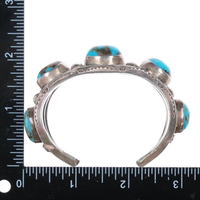 Metal 6.25" Vintage Navajo hand stamped heavy sterling/turquoise row cuff bracelet For Sale - Image 7 of 10