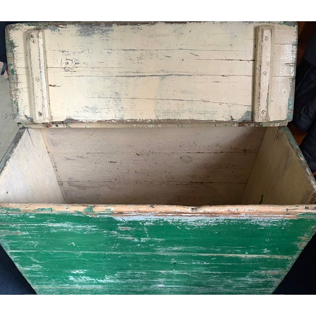 Wood American Wooden Hinged Top Wood Box Use as a Storage Cabinet - Original Green Paint For Sale - Image 7 of 9