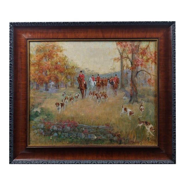 Mid 20th Century V. Scoville Wing Original Equestrian Hunt Oil Painting, Red Coats, Autumn Golds, Ralph Lauren Style For Sale