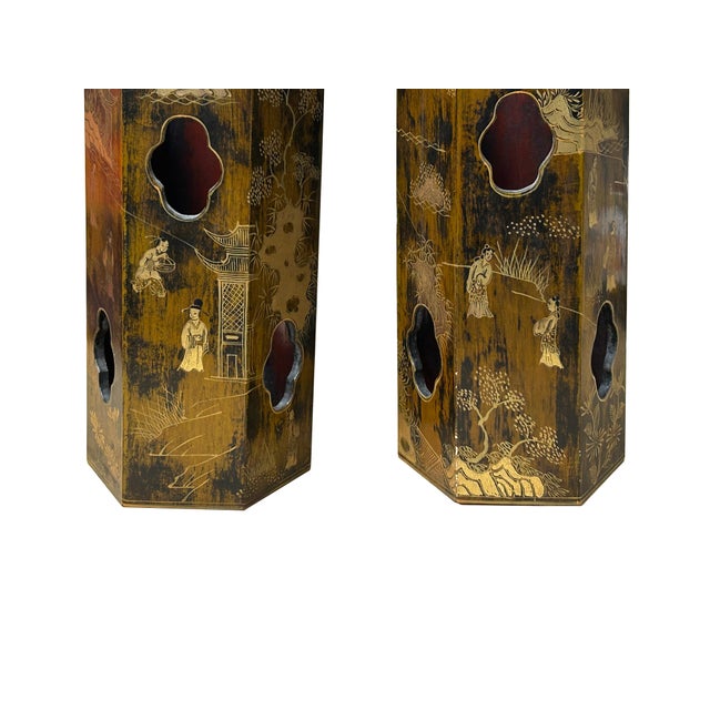 Pair Chinese Matte Gold Scenery Hexagonal Display Wood Brush Pots Vase For Sale - Image 18 of 18